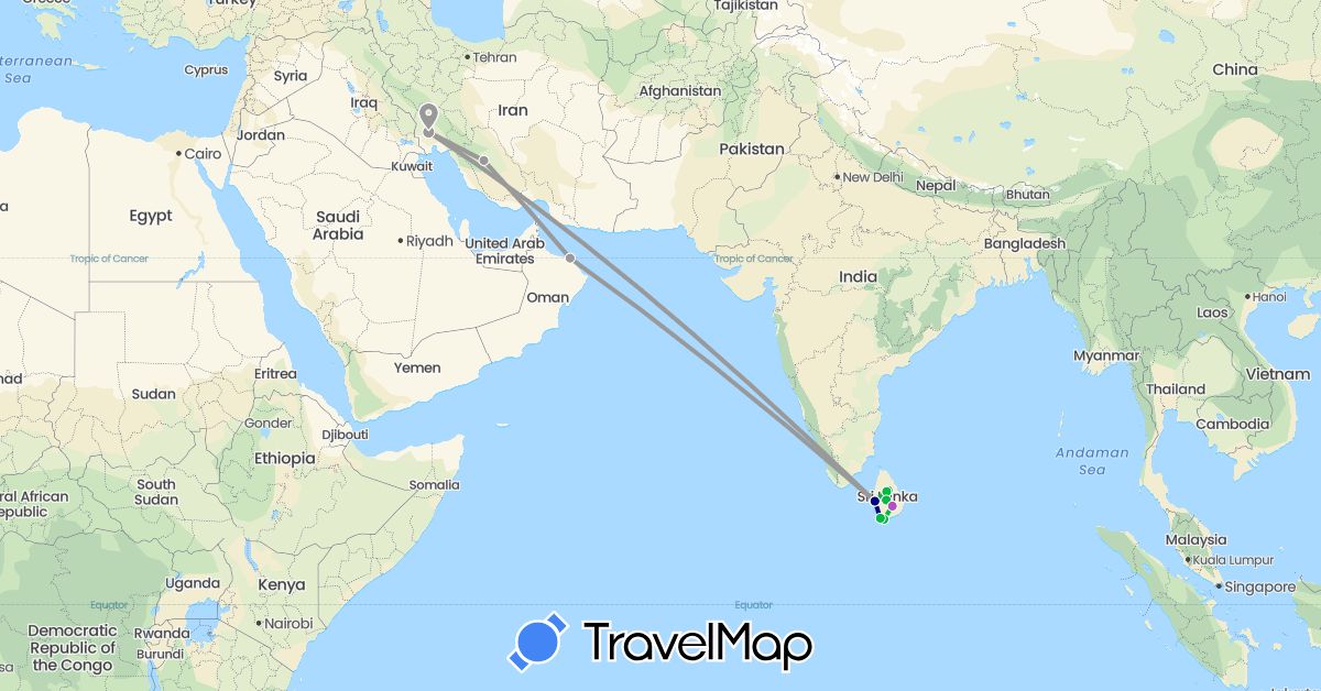 TravelMap itinerary: driving, bus, plane, train in Iran, Sri Lanka, Oman (Asia)